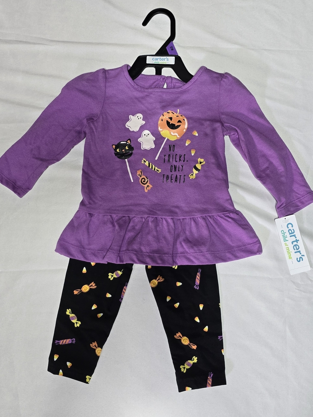 Carter's Purple Halloween Peplum Top & Black Candy Leggings Set 12 Months